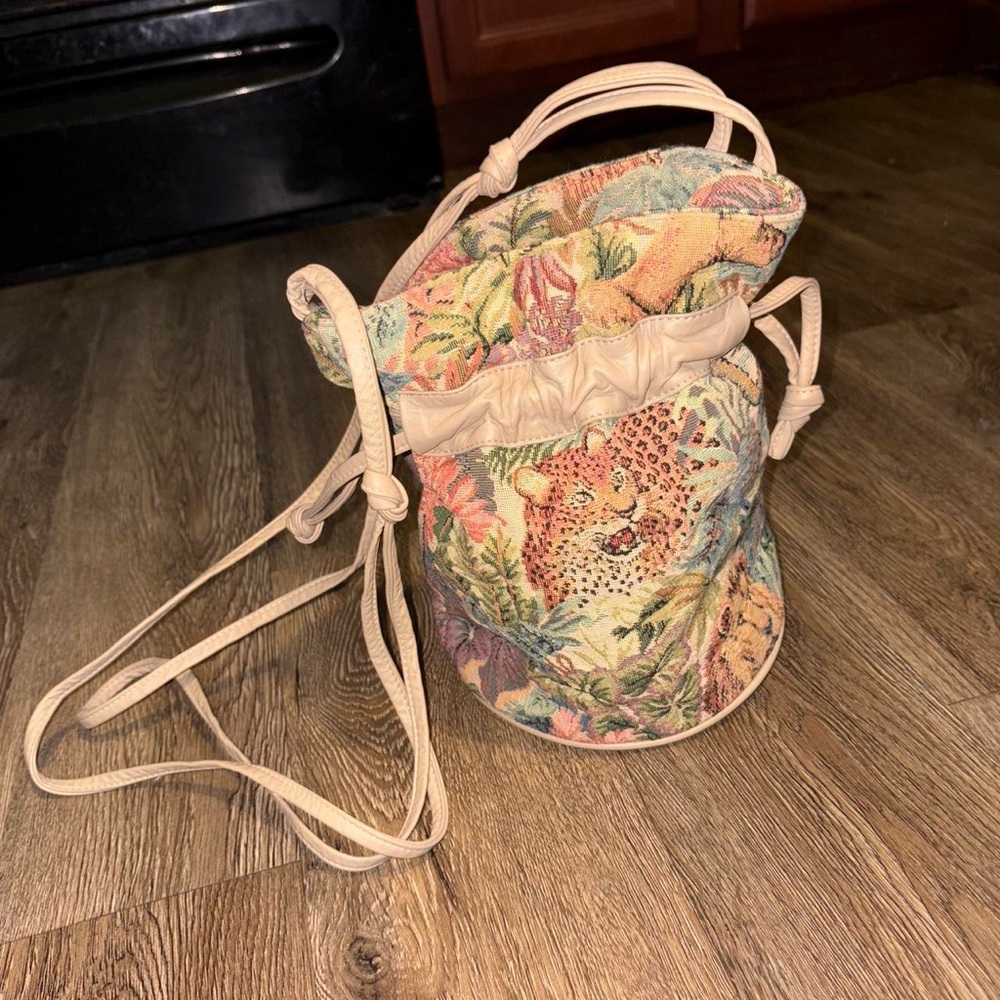 Leopard Tapestry Drawstring Bucket Crossbody Bag - Beige